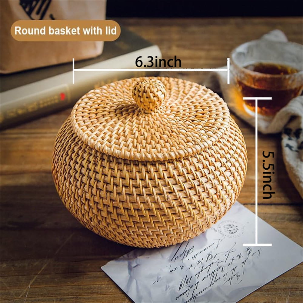 Round Rattan Basket Box with Lid, NOGIS Small Handmade Woven Storage Basket, Multi-purpose Wicker Bowl Decorative Organizer for Shelf, Home, Bathroom Decor（Style A）