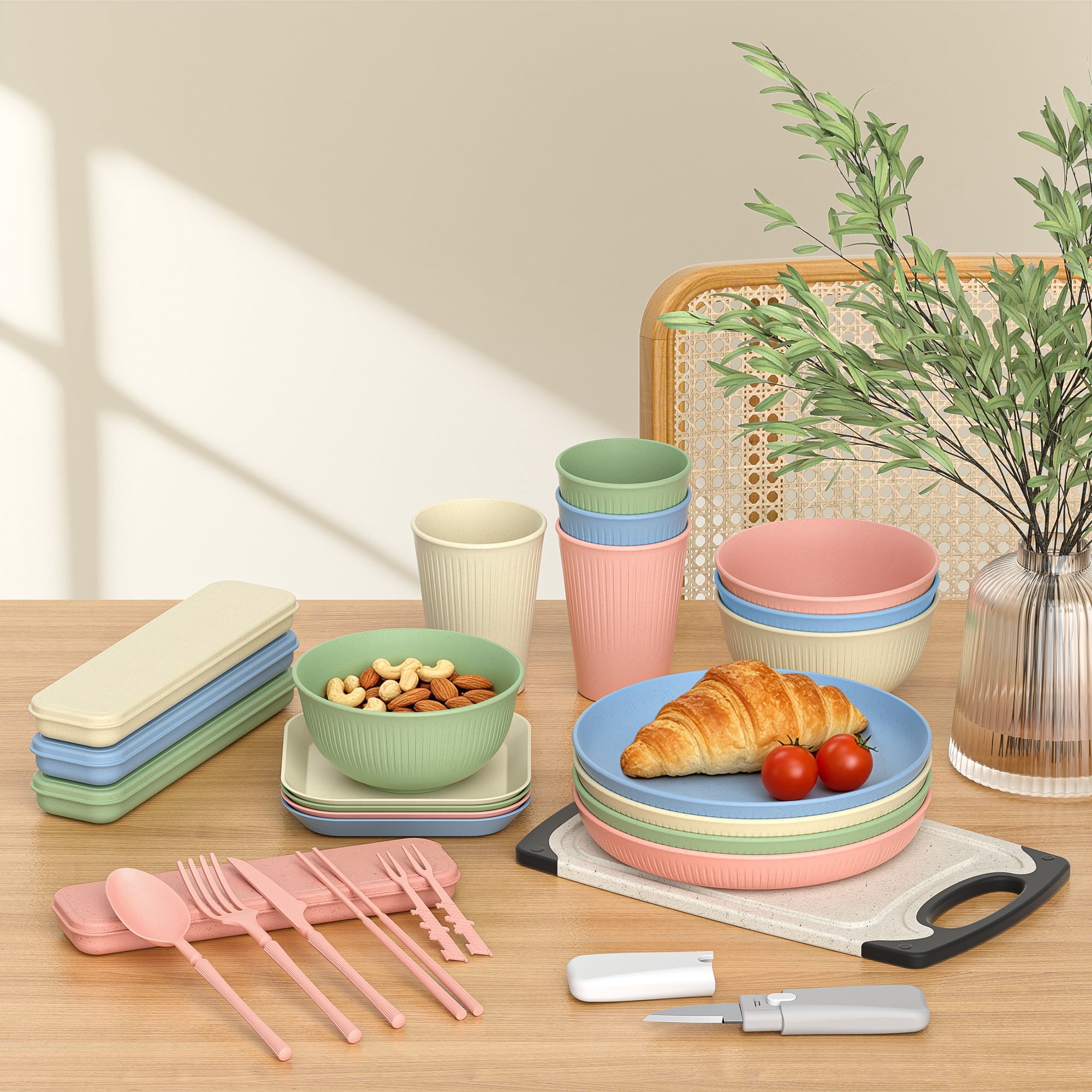 GPED 46 Pieces Wheat Straw Dinnerware Sets for 4, Plates and Bowls