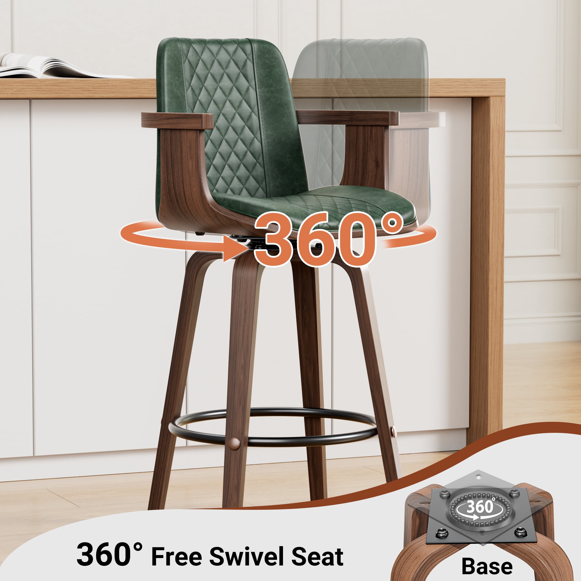 LainTene Bar Stools Set of 3, 26" Bentwood Barstools with Arms High Back, Mid-Century Modern Counter Height Swivel Bar Chairs for Kitchen Island