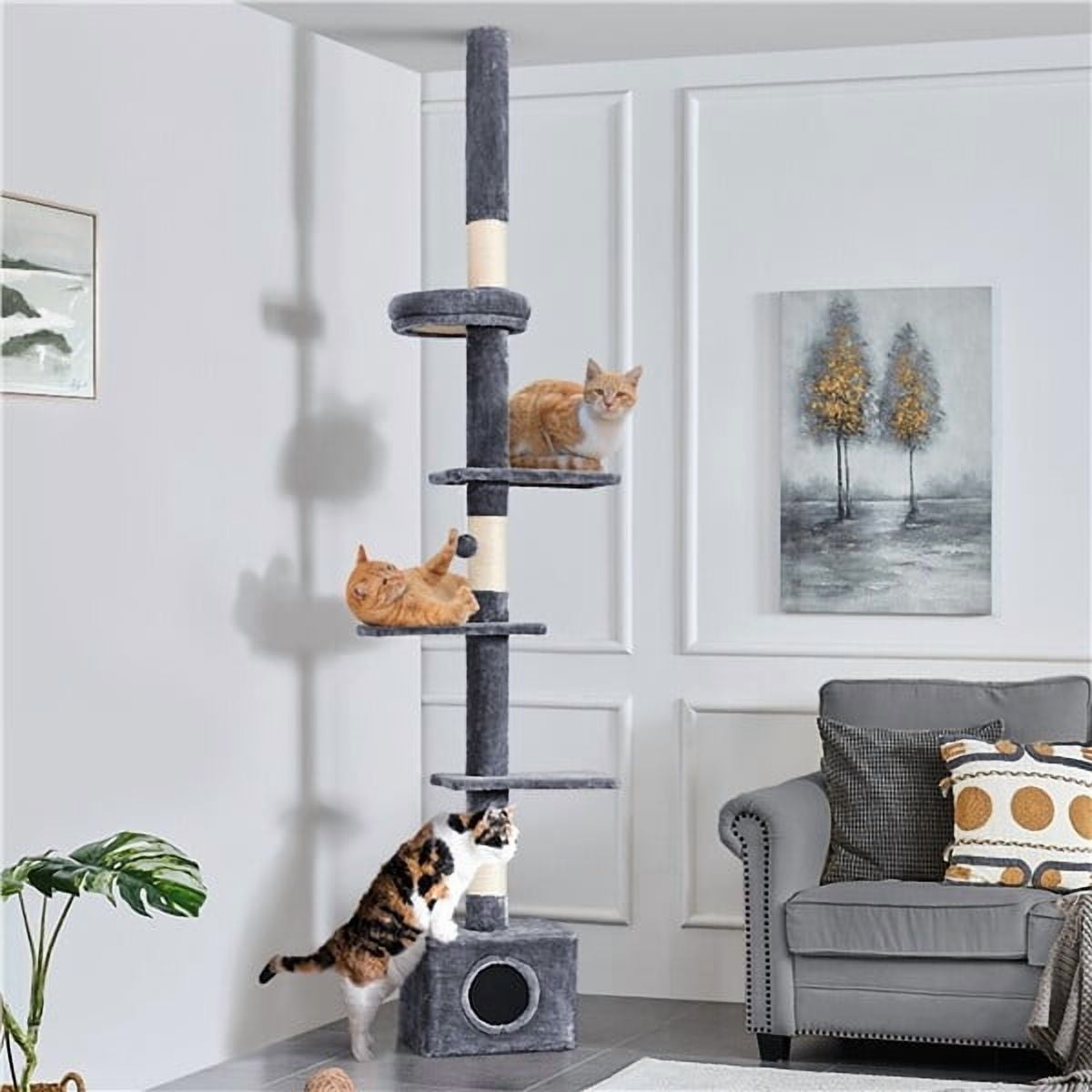 WDZS Cat Tree, Floor to Ceiling Cat Tower for Large Cats, 89-104.5in Height Adjustable Tall Climbing Tree w/Scratching Posts, Condo and Perches