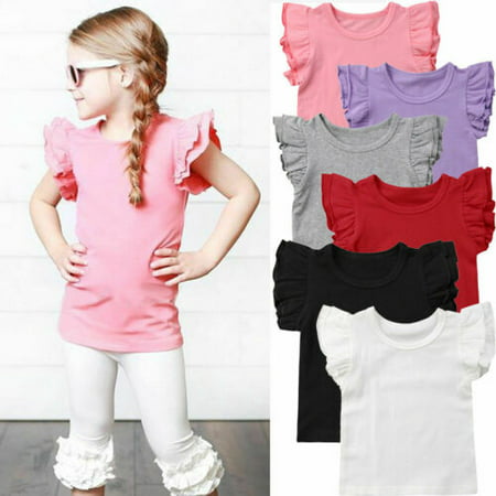 Summer Toddler Children Girl Ruffles Short Sleeve Cotton Tee Tops Candy Color Kids Girl T-shirt Clothes (Best Quality Basic Tees)