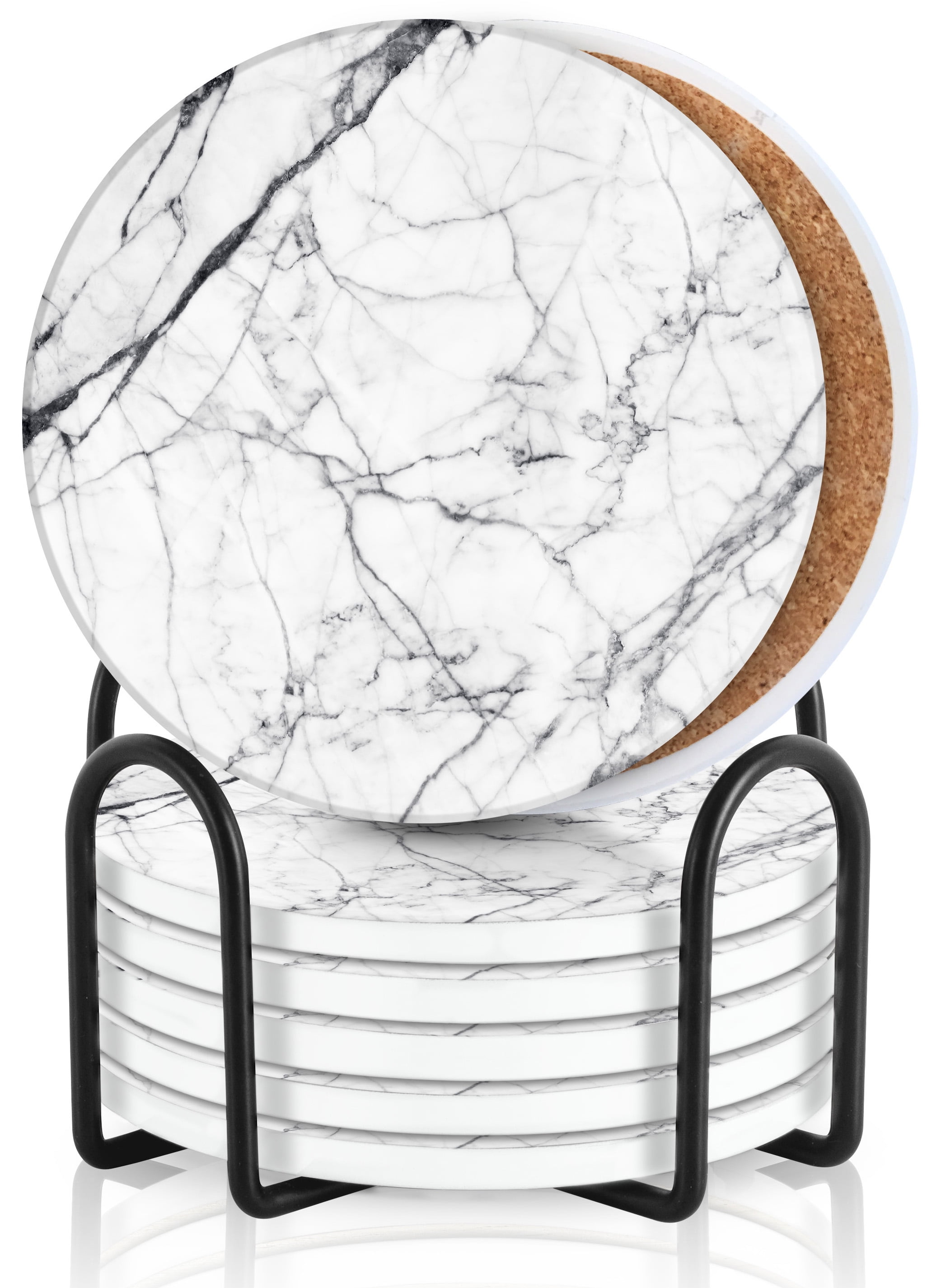 Emerson Coasters Set of 6 with Holder, Drink Coasters, Cork Backing Absorbent Table Ceramic