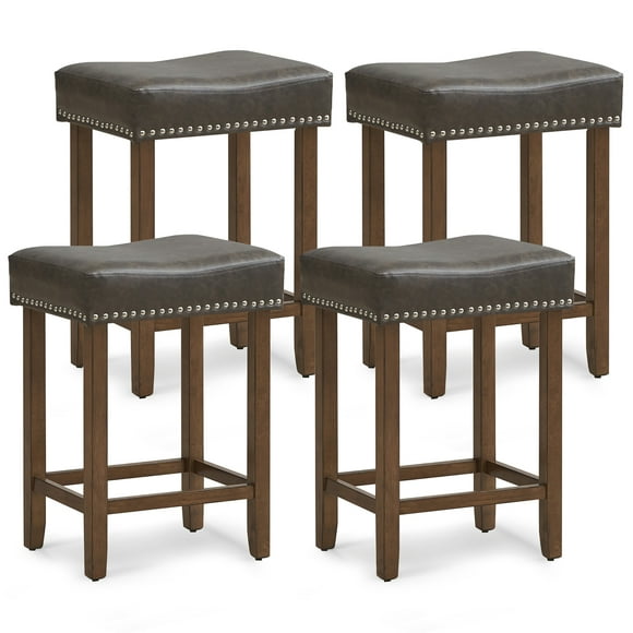 Gymax Bar Stool Set of 4 24-Inch Counter Height Saddle Stools w/ PU Leather Upholstery Gray & Brown