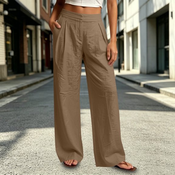 Mifsaly Straight Leg Linen Pants for Women High Waisted Flowy Trousers with Pockets Lightweight Loose Fit Elegant office Work Vacation Outfits Brown,S