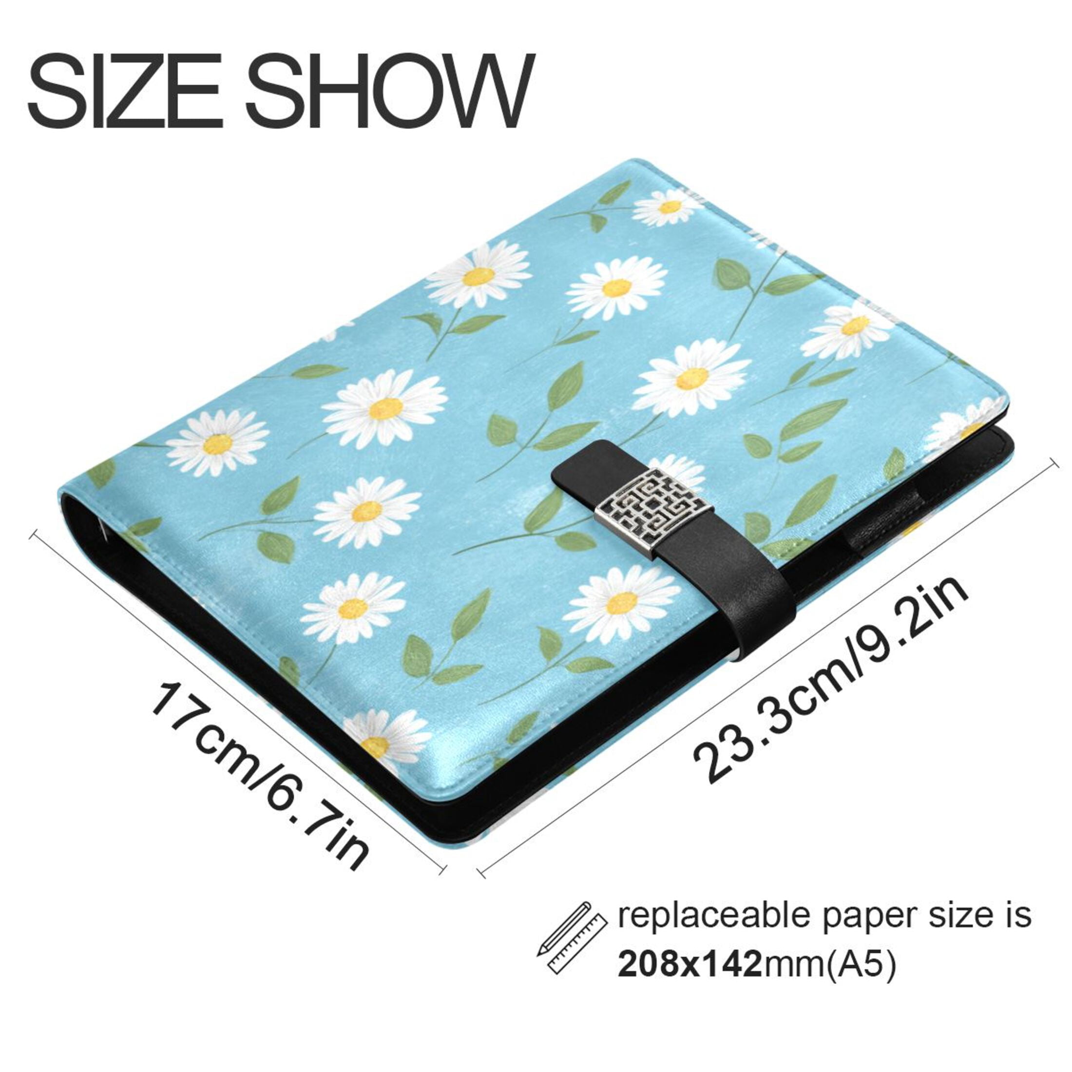 Leather Planner Leather Notebook Notebook Journal Binder Design Pen Pocket Design Convenient for Storage Cute Simple Daisy Blue
