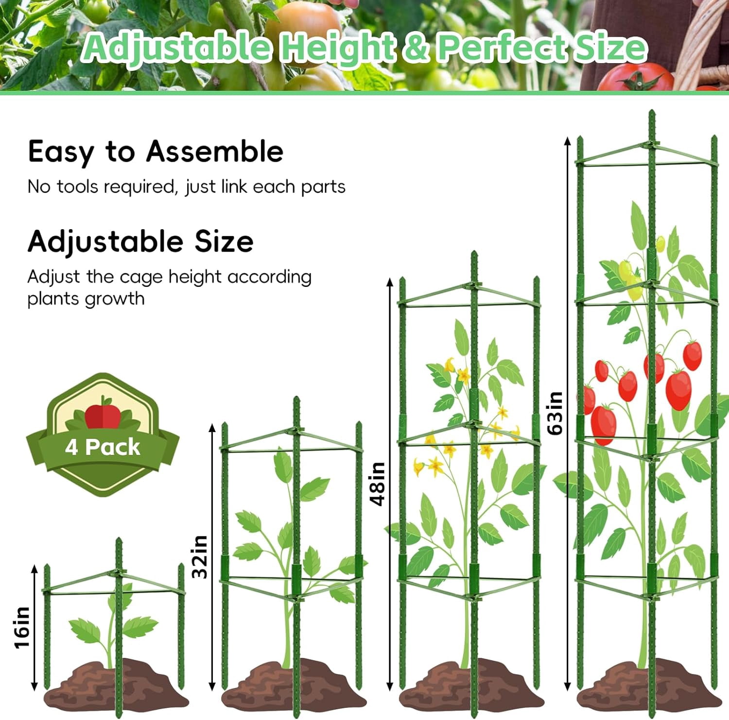 6 Pack 5.2 FT Tomato Cages for Garden- 63inches Heavy Duty Garden Stakes, Adjustable Tall Tomato Plant Support Tomato Trellis Cage for Pots, Raised Garden Bed, Climbing Vegetables Plants Flowers
