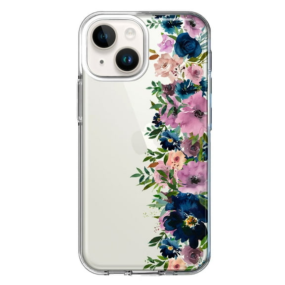 MUNDAZE Case for Apple iPhone 15 Hybrid Shockproof Slim Hard Soft TPU Shell Heavy Duty Protective Phone Cover - Navy Blue Summer Watercolor Floral Classic Purple Flowers