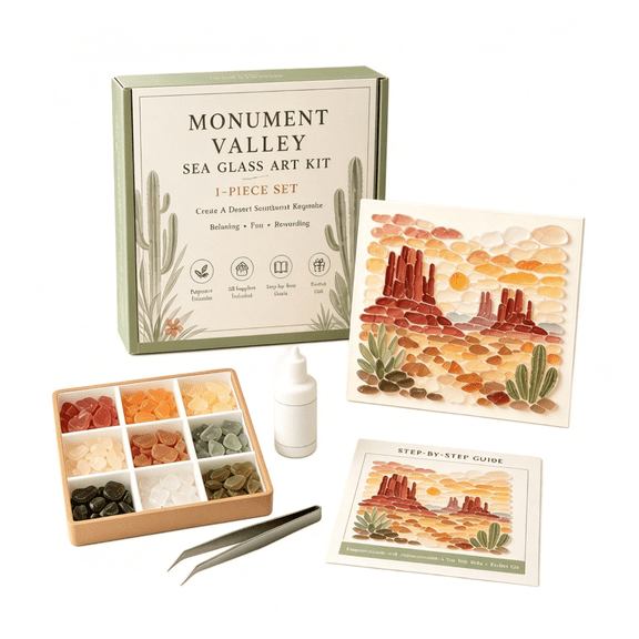 Sea Glass Craft Kit, Monument Valley Desert Mosaic Art Project with Glue and Colorful Glass Stones, Southwest Decor for Adults