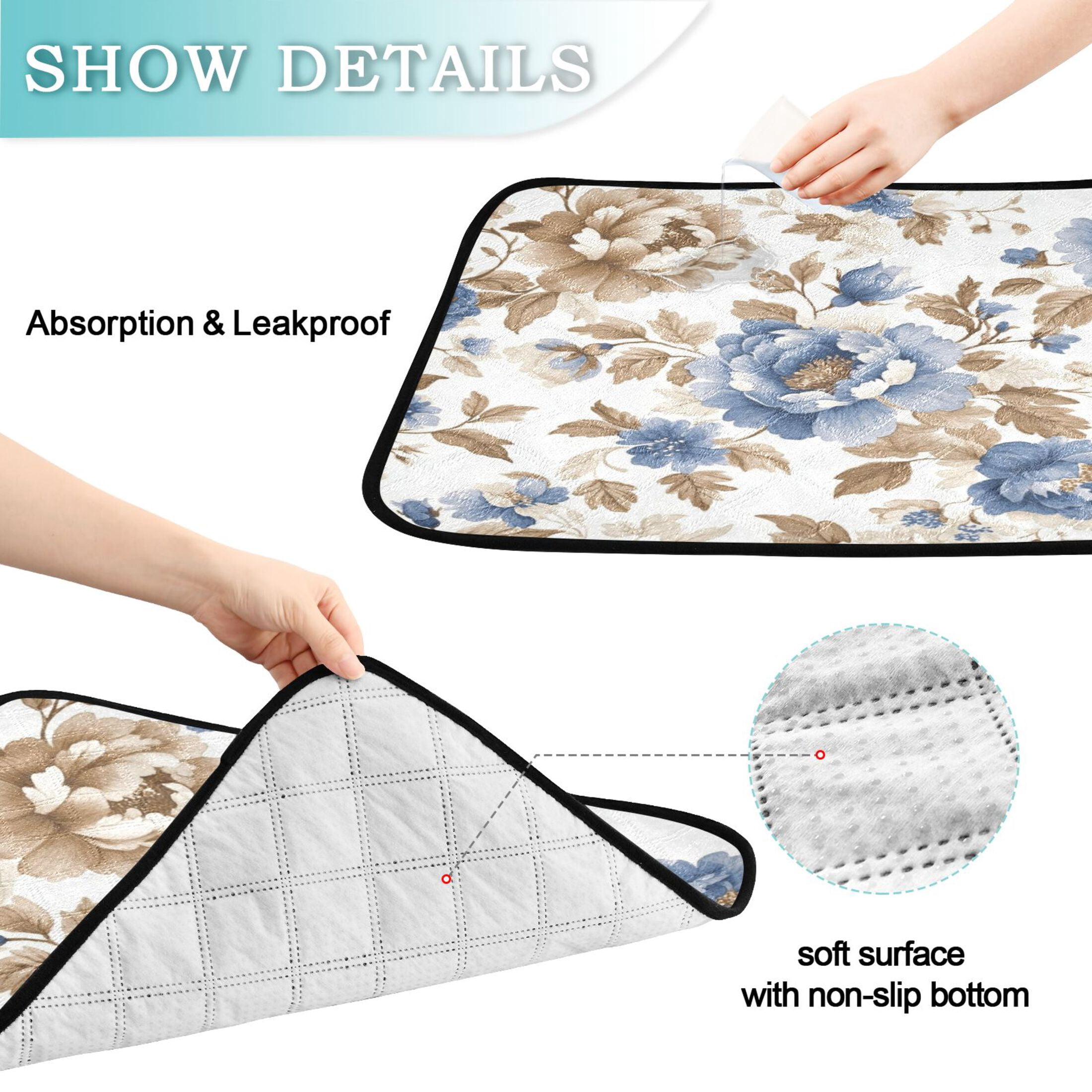 Qxltty Blue Peonies Dead Leaves Cat litter Pads Pet Set of 3 Diaper Mats Center Anti-leakage Layer Absorbent Soft and Comfortable