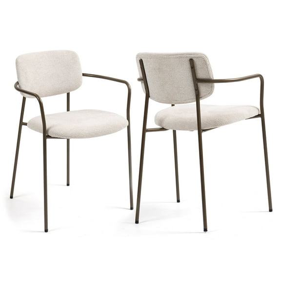 Set of 2 Bernard Beige Washed Woven Fabric Dining Chair with Iron Arms and Legs