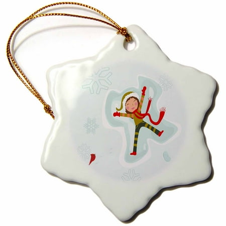 Cardinal Snow - 3dRose Cute Winter Seasonal Vector Girl Making Snow Angel Snowflakes and Red Cardinals - Snowflake Ornament, 3-inch