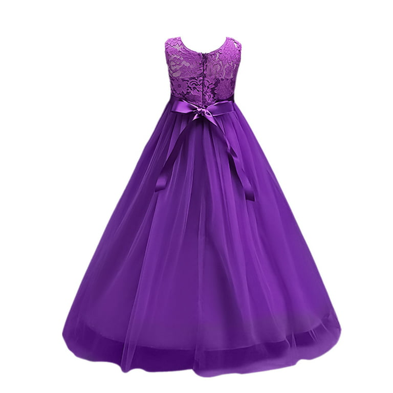 IBTOM CASTLE Little Big Girls Vintage Lace Junior Bridesmaid Dress Floor  Length Dance Ball Pageant Maxi Gown for Party Wedding 9-10 Years Purple 