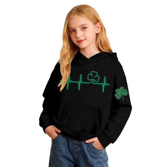 Girls Hoodies St. Patrick'S Day Kids Long Sleeve Hooded Sweatshirt Shamrock Print Pocket Pullover Soft Casual Top Black 3 Years-4 Years