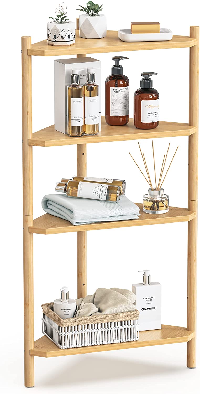 Bamboo Corner Shelf, 4 Tier Stackable Shower Corner Shelves, Corner