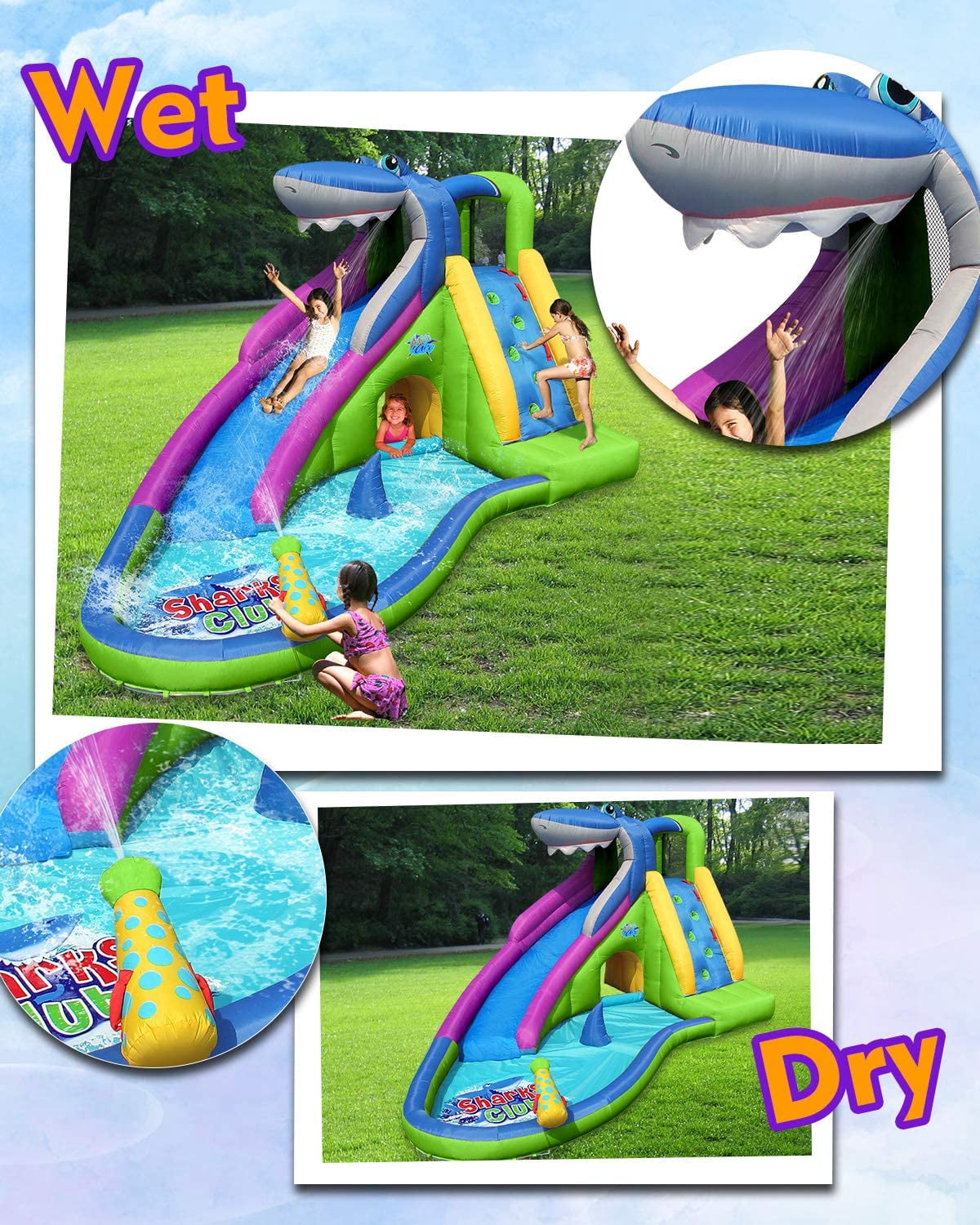 ACTION AIR Inflatable Water Slide, 15' Shark Bounce House with Water Gun and Splash Pool