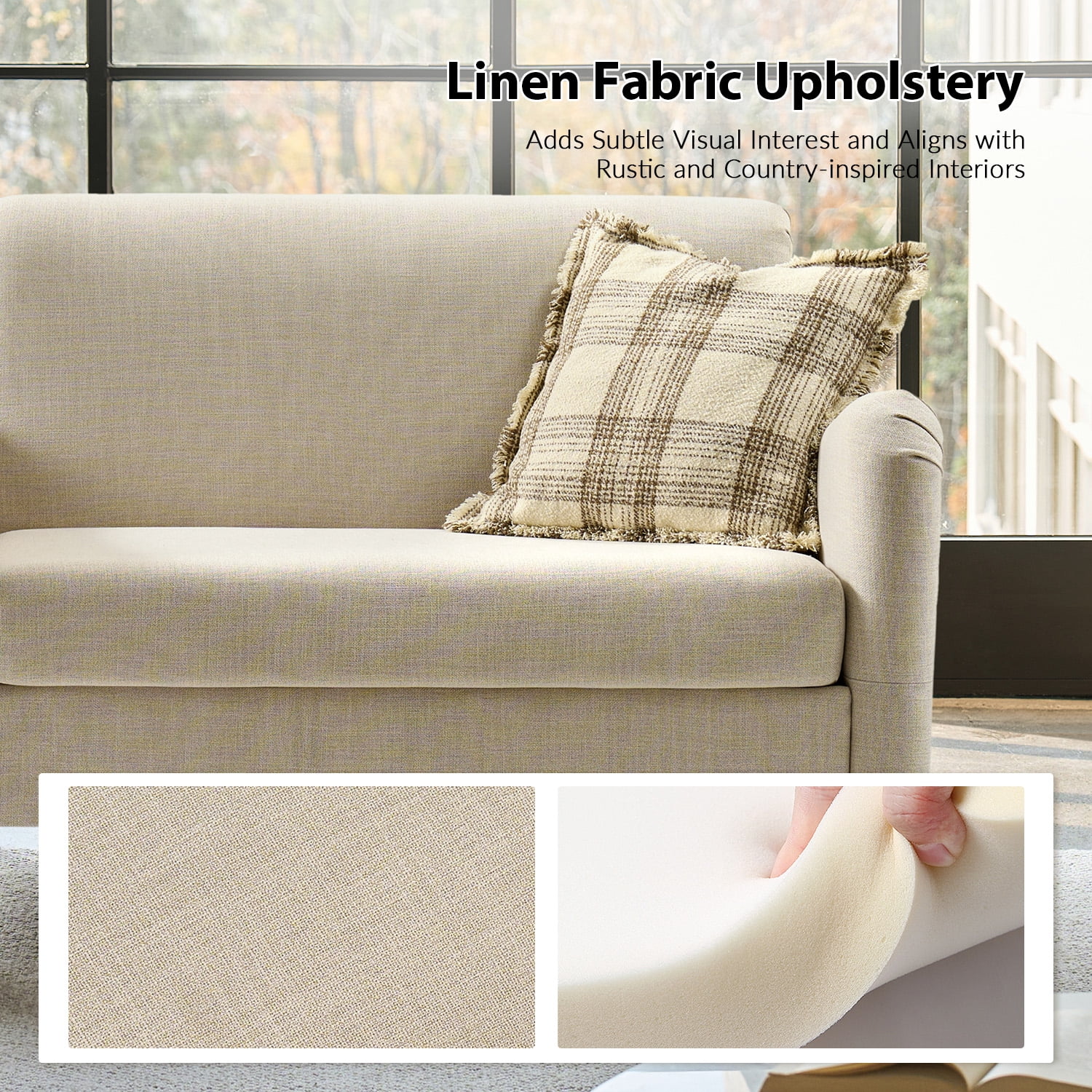 Tina's Home 50" Farmhouse Loveseat Sofa, Linen Upholstered Couch with Wide Seat, Sloped Arms and Solid Wood Bobbin Legs