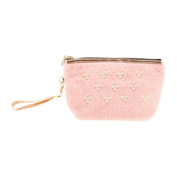 1 Pc Women Portable Faux Pearls Makeup Bag for Travel Gym Vacation Wedding Pink Plush