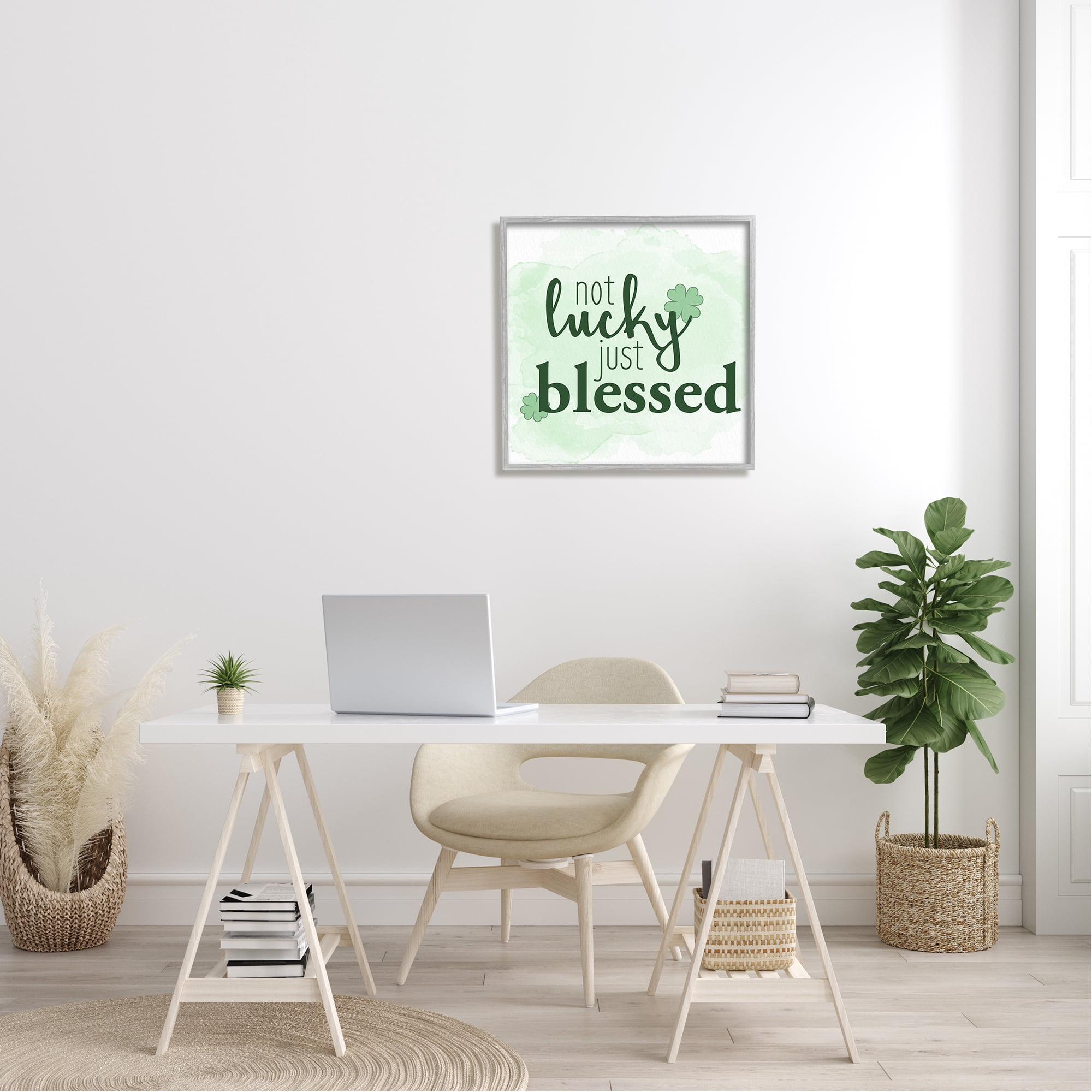 Stupell Not Lucky Just Blessed Green Shamrocks Holiday Painting Gray Framed Art Print Wall Art