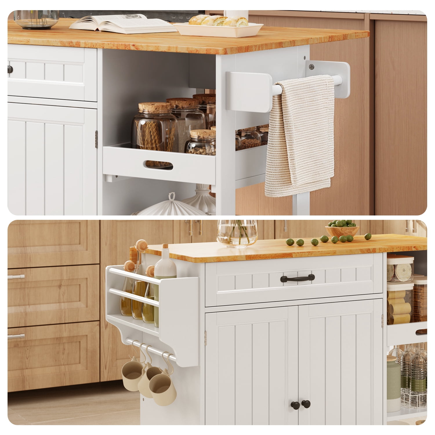 Kitchen Island, Lofka 41.7" W Kitchen Island with Storage, Rolling Island Table with Drop Leaf, Adjustable Shelf, Spice/Towel Rack, White