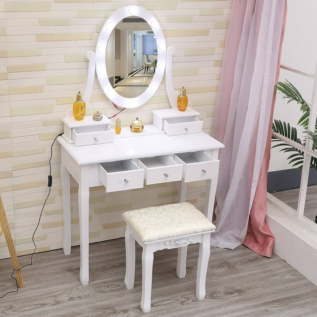 Ensemble de Coiffeuse avec Tabouret, 10 Lumières à Intensité Réglable, 5 Tiroirs