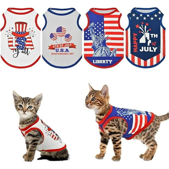 LyssKMK 4-PACK Patriotic Dog Tank Tops 4th of July Sleeveless Shirts USA Independence Day Themed Patterns Costume for Small Medium-Sized Dogs XS