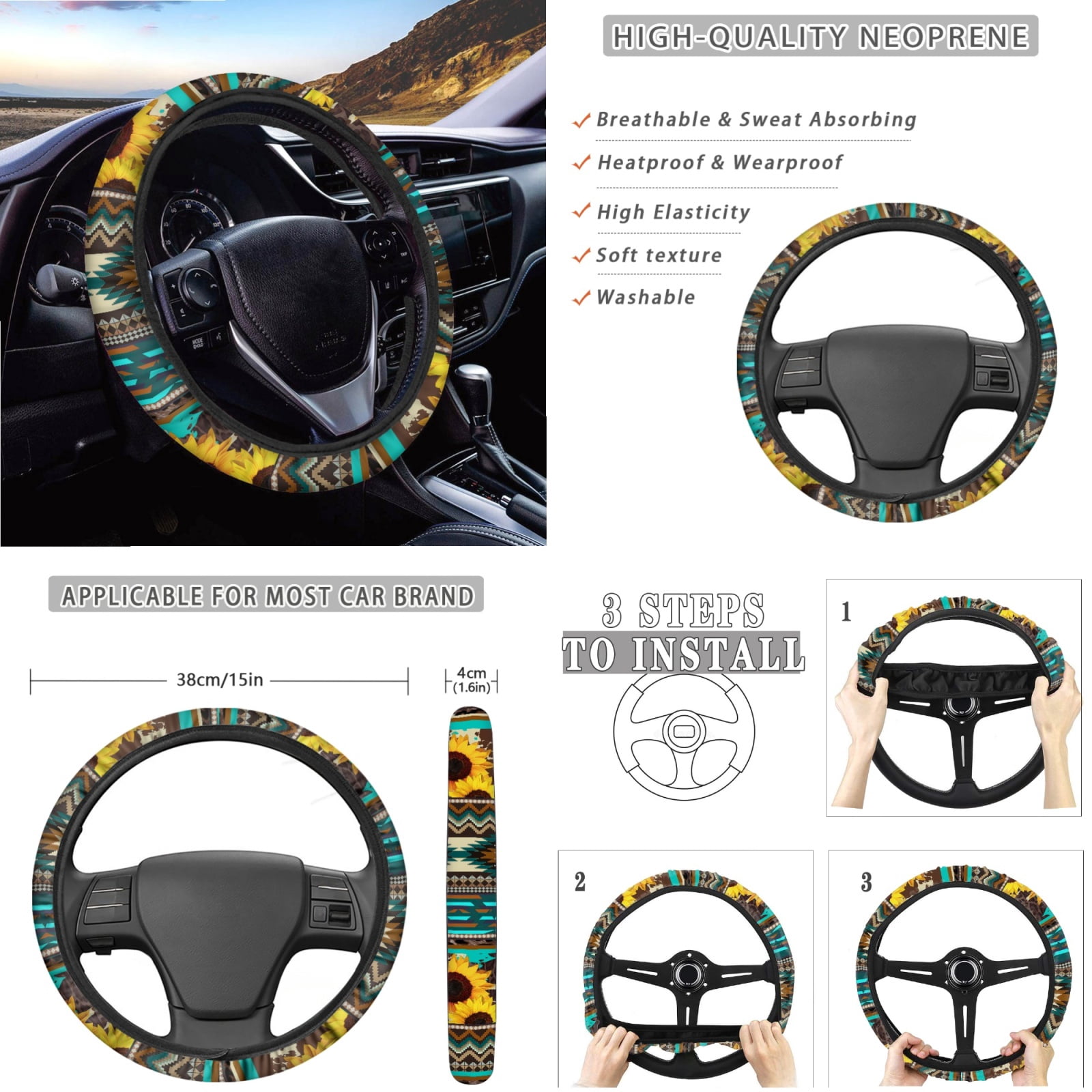 Yuyamidu Sunflower Car Seat Cover Full Set of 14 Green Aztec Steering Wheel Cover Seat Belt Covers Car Center Control Cover Gabage Bag Rearview Mirror Cover Handbrake Cover Set Coasters