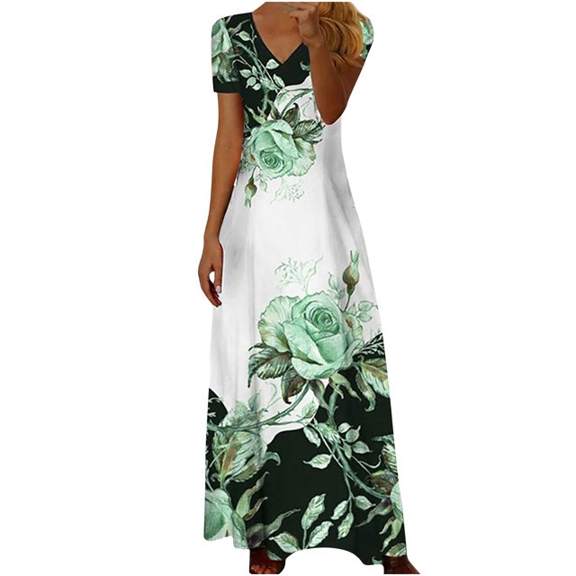 QIPOPIQ Robes pour Femmes Robe Évasée à Étages Manches Courtes Printemps et Loisirs Vacances Été Robe Midi Col en V Robes Décontractées Robe Imprimée Offres 2023