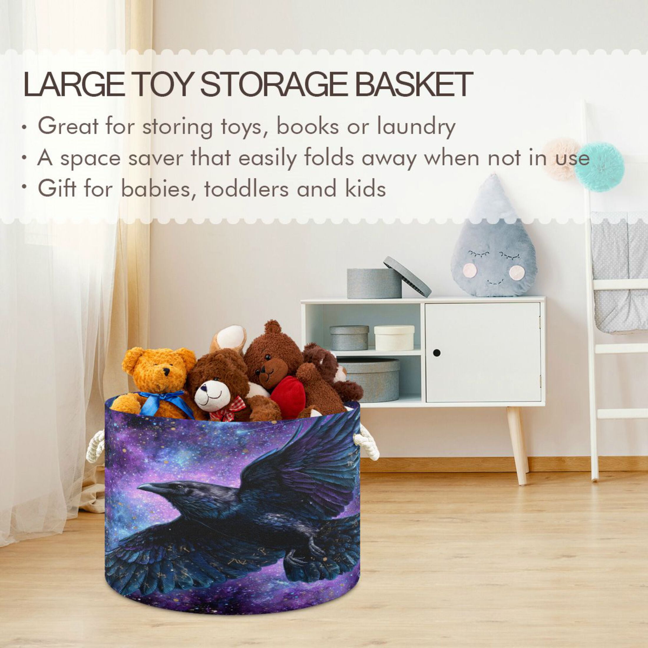 Round Toy Storage Basket Foldable Storage Basket for Home Decor Laundry Basket20" x 14" Black Raven