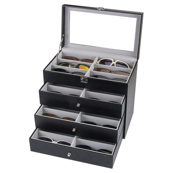 4 Layer 24 Slots Eyeglass Sunglass Storage Box Display Glasses Display Case with Drawer Black