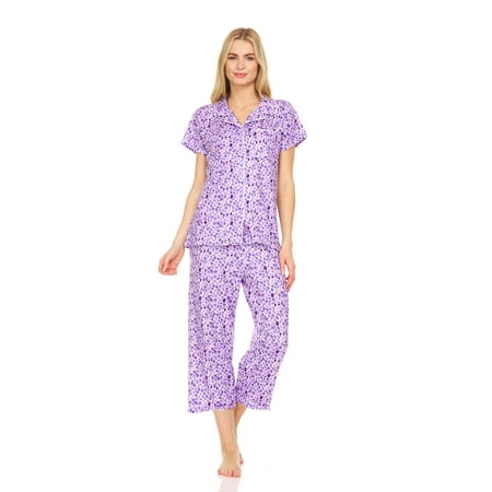 

Lati Fashion Women Pajamas Set Capri and Button Down Top Short Sleeve 2-Piece Female Pajamas Set Purple L