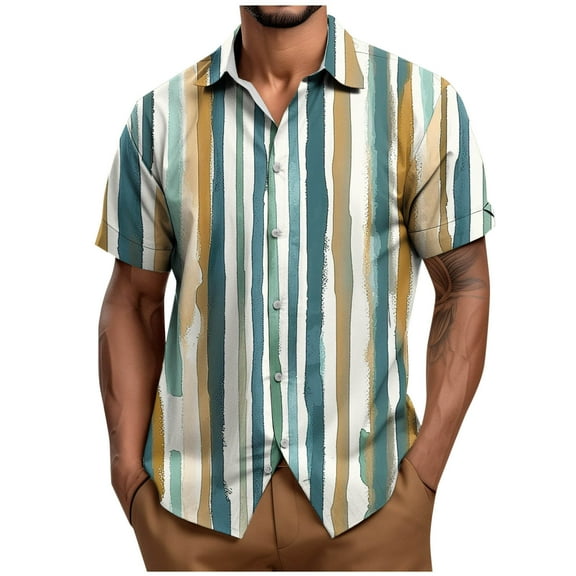 Men's Striped Shirts Casual Short Sleeve Button Down Summer Hawaiian Shirts