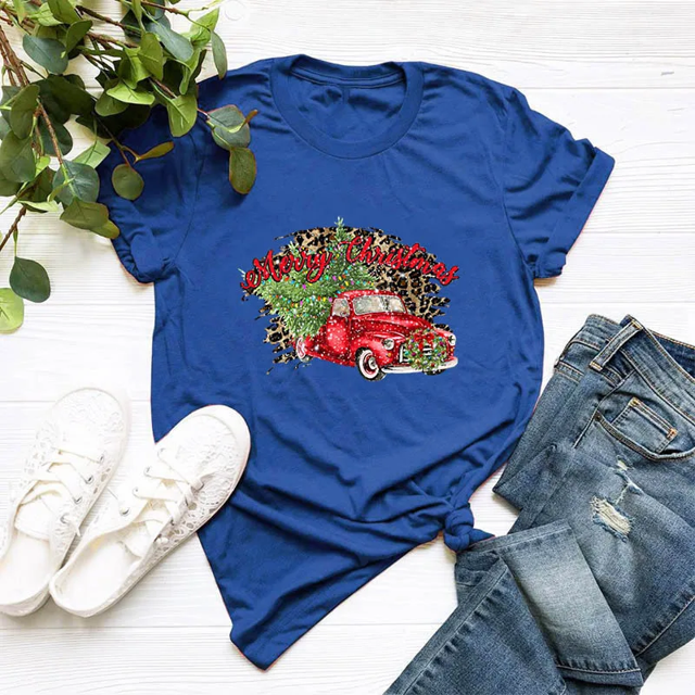 Camiseta de algodón con cuello redondo y estampado navideño de 2019 para mujer, manga corta, Wish Ebay Amazon Compras transfronterizas