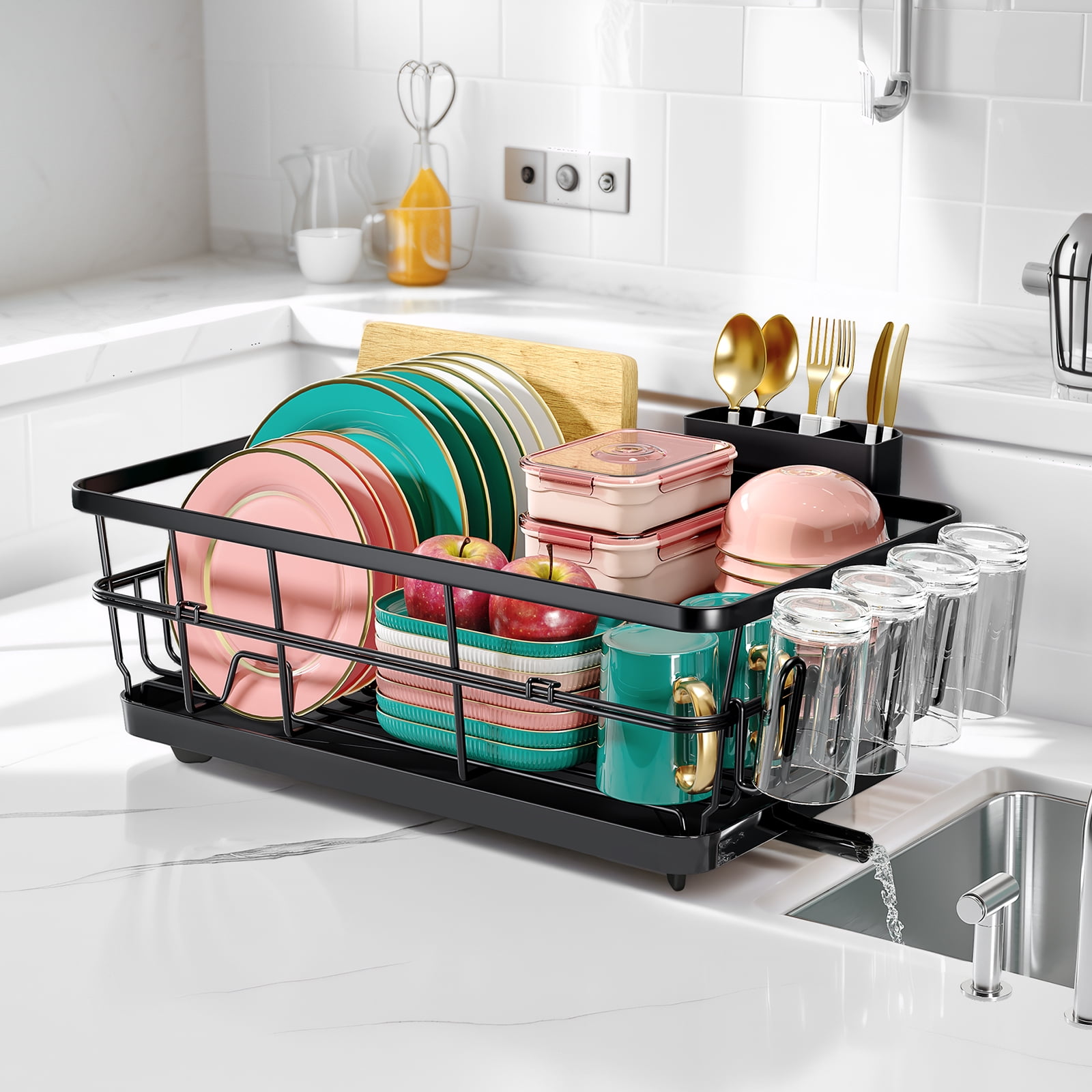 BEHERZT Large Stainless Steel Dish Drying Racks with Drainboard,Countertop Dish Drainer Rack,Kitchen Sink Dish Rack,Black