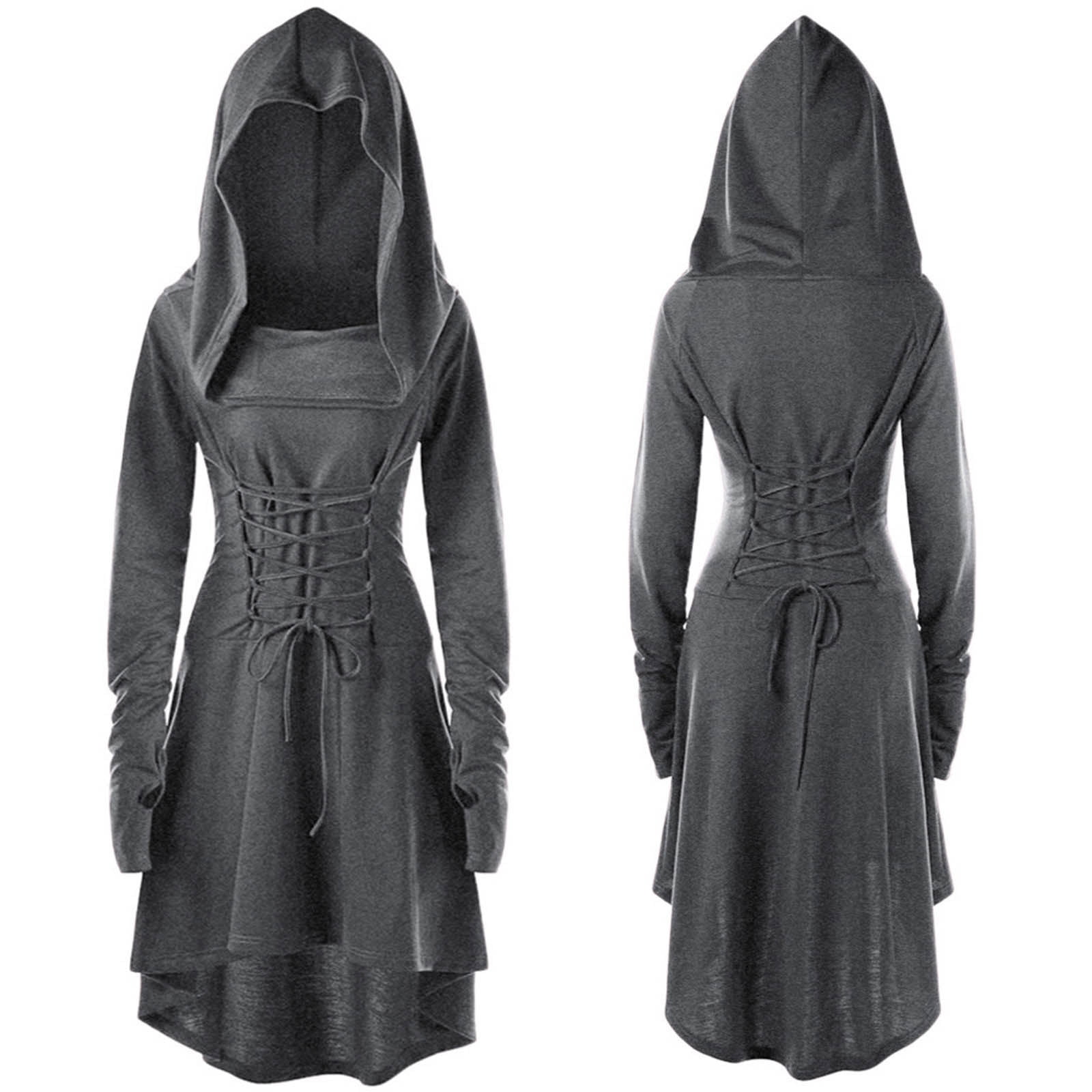 Women Hooded Sweatshirt Dress Long Sleeve Medieval Vintage Lace Up High Low Cloak Robe 