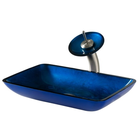 Kraus Rectangular Blue Glass Bathroom Vessel Sink And Waterfall Faucet Combo Set With Matching Disk And Pop Up Drain Satin Nickel Finish