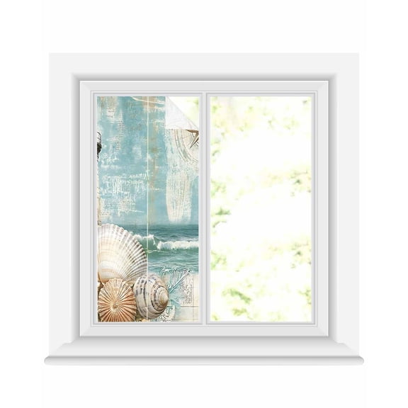 Window Privacy Film Coastal Nautical Stained Glass Window Film Decorative Sun Block Window Cover Summer Beach Wave Starfish Shell Window Clings Static Adhesive Sticker for Bathroom 17.7"x39.3"