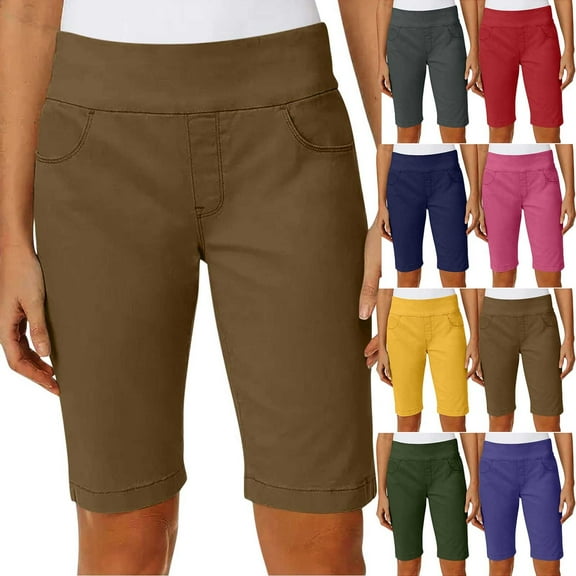 Sakmal Straight Leg Women's Shorts Knee Length Plus Size Bermuda Solid Summer Brown Shorts for Women with Pockets