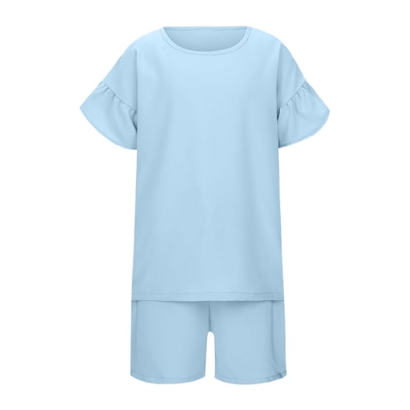 Girls Sporty Outfit Sets 2 Piece Round Neck Short Sleeve Top Shorts Girls Clothing Sets,Blue,Size 6 -7 Years
