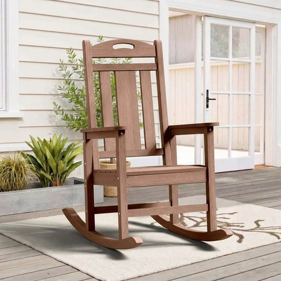 Oversized HDPE Outdoor Rocking Chair, All-Weather High Back Porch Rocker, Teak