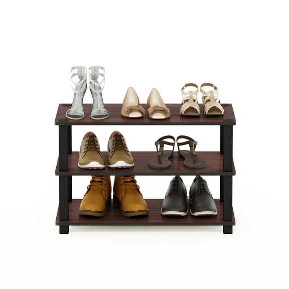 Furinno 3-Tier Turn-S-Tube No-tools Durable Shoe Rack, Plastic and Wood, Dark Cherry and Black