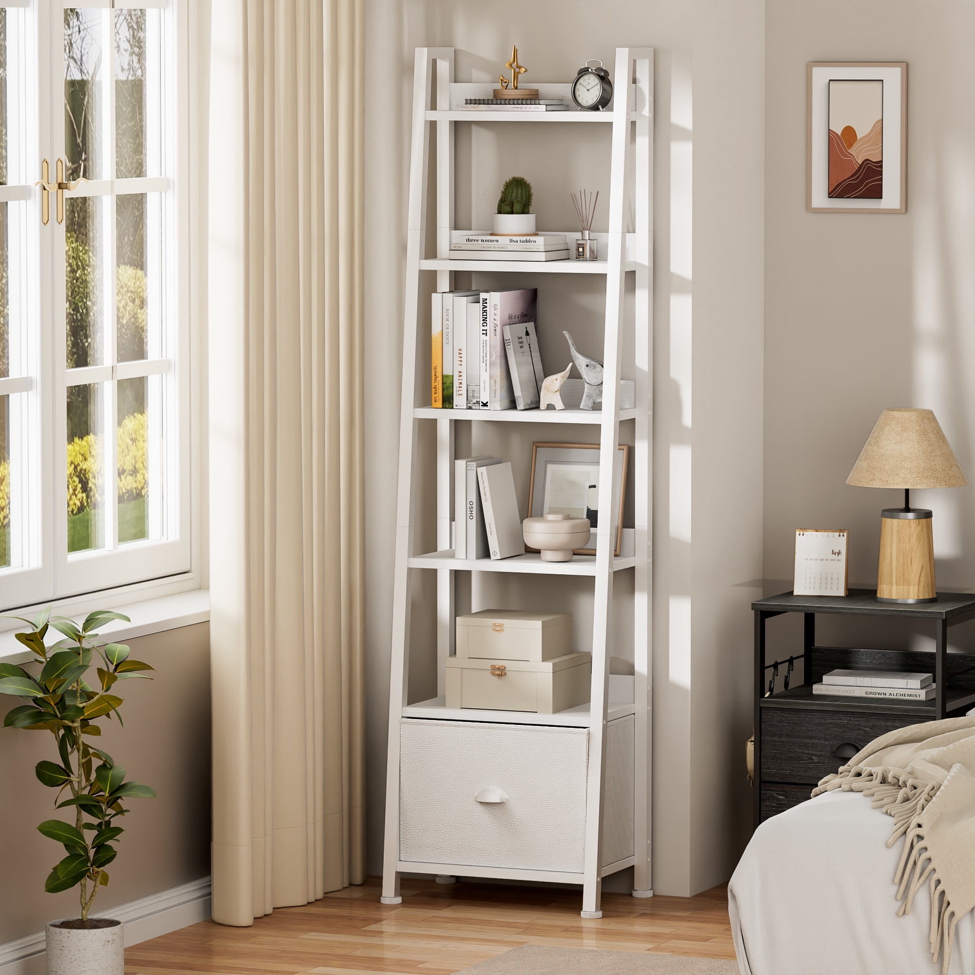 Tydimor 6-Tier Leaning Ladder Bookshelf with Fabric Drawer, White Leaning Bookcase with Storage Shelves for Home Office Living Room Bedroom