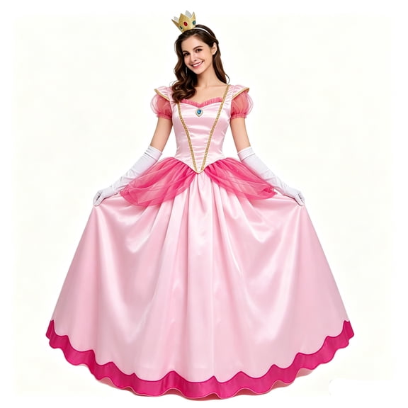 Princess Peach Costume Women Pink Long Ball Gown with Crown Gloves Halloween Cosplay Dress