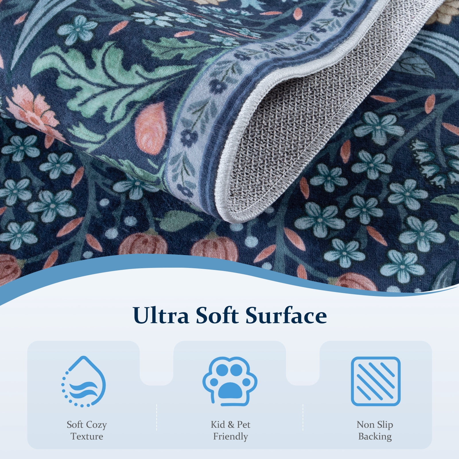 Lahome Washable 8'x10' Area Rug, Blue Floral Rugs for Living Room, Soft Non-Slip Ultra Thin Boho Carpet for Bedroom Dining Room Nursery, Botanical Large Area Rugs, Blue