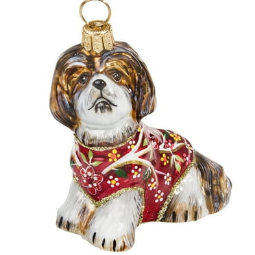 Brown and White Shih Tzu In A Silk Kimono Polish Glass Christmas Tree Ornament