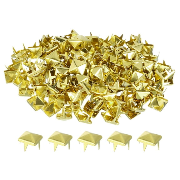 150Pack Square Pyramid Rivets for Clothing, 7mm Four-Jaw Studs Spikes, Copper Punk Rock Nailhead Spots(Gold Tone)