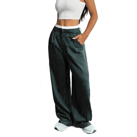 Cutuoiiu Women's Work Pants Striped High Waisted Wide Leg Casual Work Office Long Trousers with Pockets Gifts