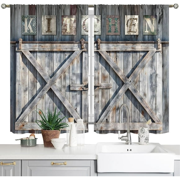Wooden Barn Door Kitchen Curtains Country Wood Farmhouse Rustic Farm Retro Western Cafe Short Tier Curtains Decor for Living Room Rod Pocket Window Drape Treatment Fabric 26x36 Inch
