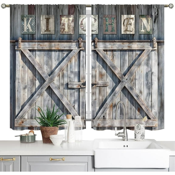 Wooden Barn Door Kitchen Curtains Country Wood Farmhouse Rustic Farm Retro Western Cafe Short Tier Curtains Decor for Living Room Rod Pocket Window Drape Treatment Fabric 28x39 Inch