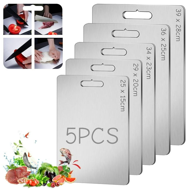 Juego de 5 Tablas de Picar de Cocina, Cutting Board Acero Inoxidable con Asa, Portátil Fácil Limpiar Doble Cara Tablas para Servir Carne, Pan, Queso, Frutas y Verduras