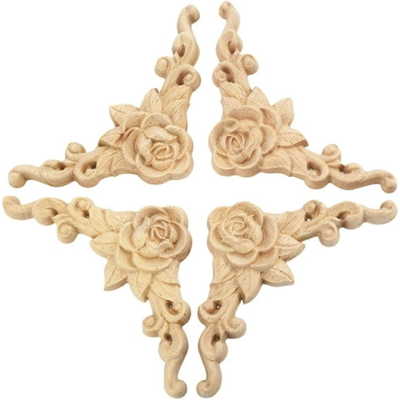 shiyou-Carved Rose Wood Appliques Onlays, 4-Pack Unpainted Wooden Rosette Carvings Corner Decals for Mantels Cabinet Mirror Dresser Wall Door Ceiling Headboard Furniture Decoration, 12x12cm/4.7x4.7in